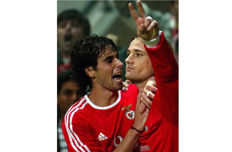 BENFICA’S TIAGO EMBRACES HIS TEAM MATE FEHER AFTER GOAL AGAINST LA
LOUVIERE IN UEFA CUP MATCH.