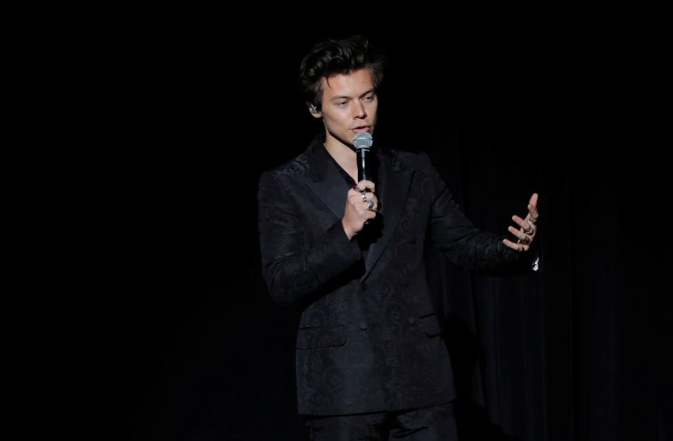 Harry Styles speaks during the 2018 MusiCares Person of the Year show honoring Fleetwood Mac at Radio City Music Hall in Manhattan, New York