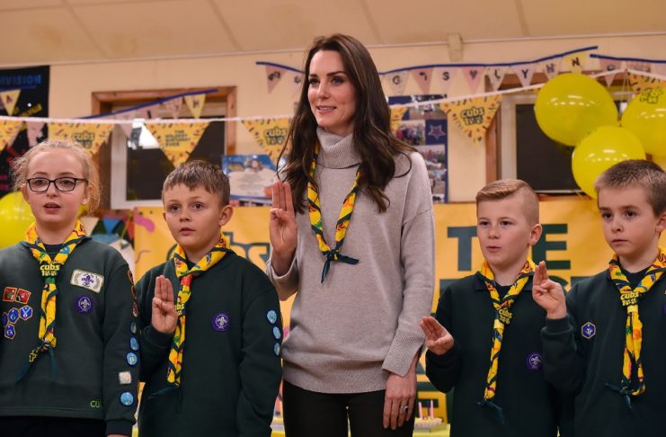 Britain’s Catherine, Duchess of Cambridge, reads the Scouts promise during a Cub Scout Pack meeting with cubs from the Kings Lynn District
