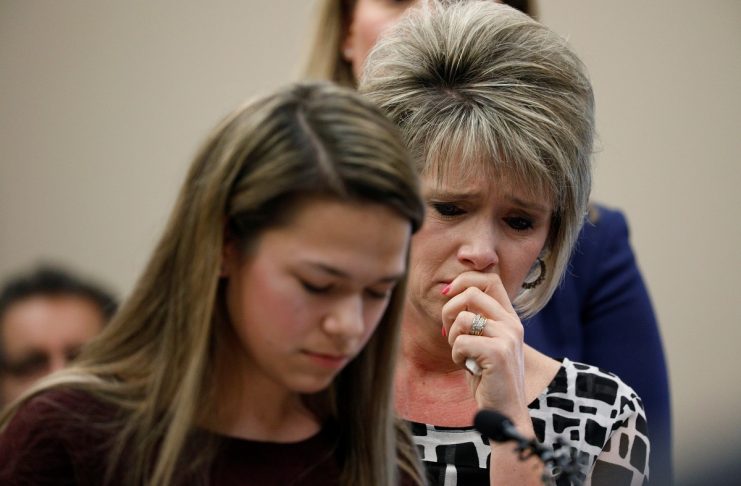 Victim and gymnast Chelsea Zerfas speaks as he mother looks on at the sentencing hearing for Larry Nassar, a former team USA Gymnastics doctor who pleaded guilty in November 2017 to sexual assault charges, in Lansing