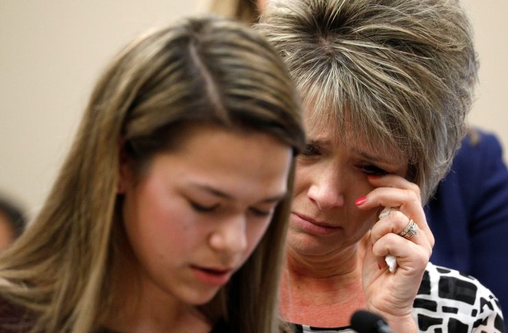 Victim and gymnast Chelsea Zerfas speaks as he mother looks on at the sentencing hearing for Larry Nassar, a former team USA Gymnastics doctor who pleaded guilty in November 2017 to sexual assault charges, in Lansing