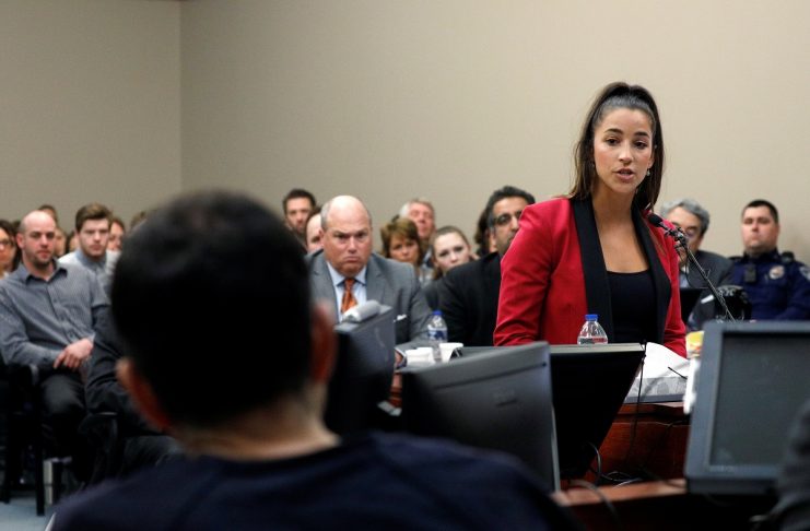 Victim and former gymnast Aly Raisman speaks at the sentencing hearing for Larry Nassar, a former team USA Gymnastics doctor who pleaded guilty in November 2017 to sexual assault charges, in Lansing