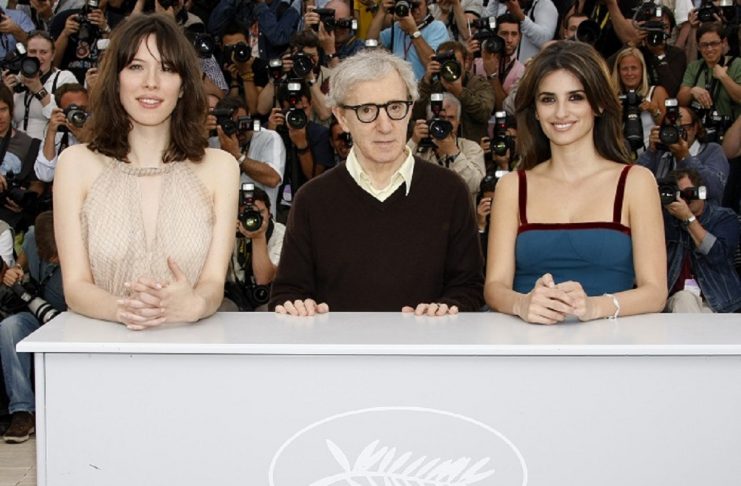 US director Woody Allen poses with cast members Cruz and Hall at a photocall for the film “Vicky Cristina Barcelona” in Cannes
