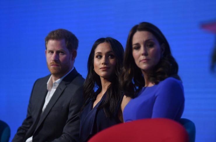 Britain’s Prince Harry, his fiancee Meghan Markle and Catherine, Duchess of Cambridge attend the first annual Royal Foundation Forum held at Aviva in London