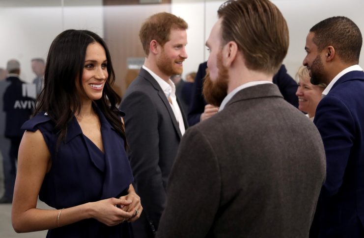 Britain’s Prince Harry and Meghan Markle meet with panelists and beneficiaries as they attend the first annual Royal Foundation Forum held at Aviva in London