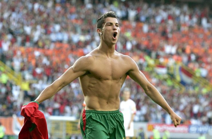 PORTUGAL’S RONALDO CELEBRATES AFTER SCORING AGAINST THE NETHERLANDS DURING EURO 2004 SEMI-FINAL …