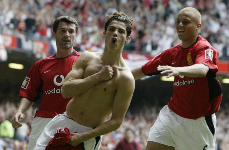 MANCHESTER UNITED’S RONALDO CELEBRATES HIS GOAL WITH TEAM MATES KEANE AND BROWN DURING THE FA CUP FINAL …