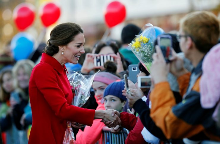 Britain’s Catherine, Duchess of Cambridge, greets people in Whitehorse