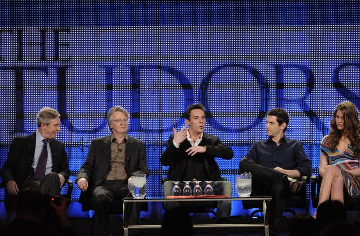Executive producer O’Sullivan, executive producer, creator and writer Hirst, actors Meyers, Frain and Stone answer questions during the Showtime panel for “The Tudors” at the Television Critics Association in Los Angeles
