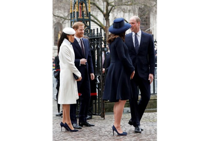 Britain’s Prince Harry, his fiancee Meghan Markle, Prince William and Kate, the Duchess of Cambridge, arrive at the Commonwealth Service at Westminster Abbey in London