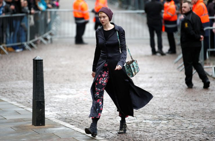 British actor and model Lily Cole arrives at Great St Marys Church, where the funeral of theoretical physicist Prof Stephen Hawking is being held, in Cambridge