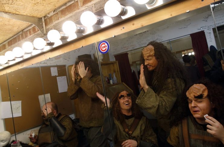 Performers joke around as they they prepare backstage for a performance of “A Klingon Christmas Carol” in Chicago