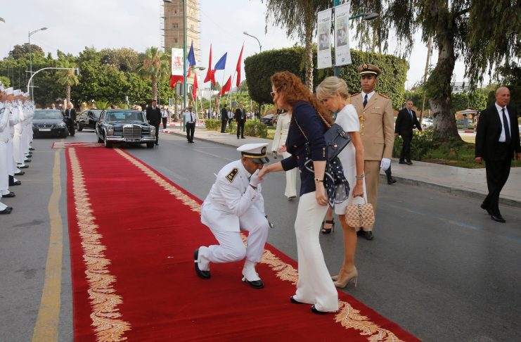 Moroccan Princess Lalla Salma and French President Emmanuel Macron’s wife Brigitte Trogneux arrive at the National Museum of Contemporary Arts of Rabat to visit the Picasso exhibition in Rabat