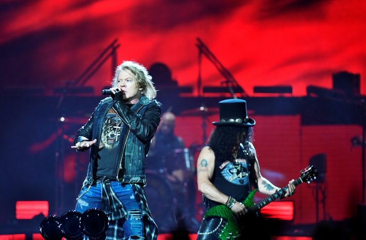 Lead singer Axl Rose and guitarist Slash of U.S. rock band Guns N’ Roses, perform during a concert at Friends Arena in Stockholm
