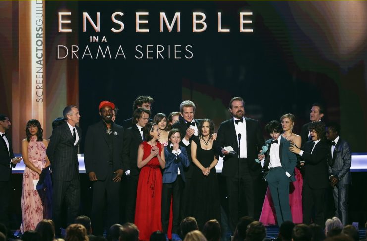 The cast of Stranger Things accepts their award during the 23rd Screen Actors Guild Awards in Los Angeles