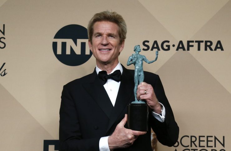 Actor Matthew Modine poses with the award he won for Outstanding Performance by an Ensemble in a Drama Series for his role in “Stranger Things” backstage at the 23rd Screen Actors Guild Awards in Los Angeles