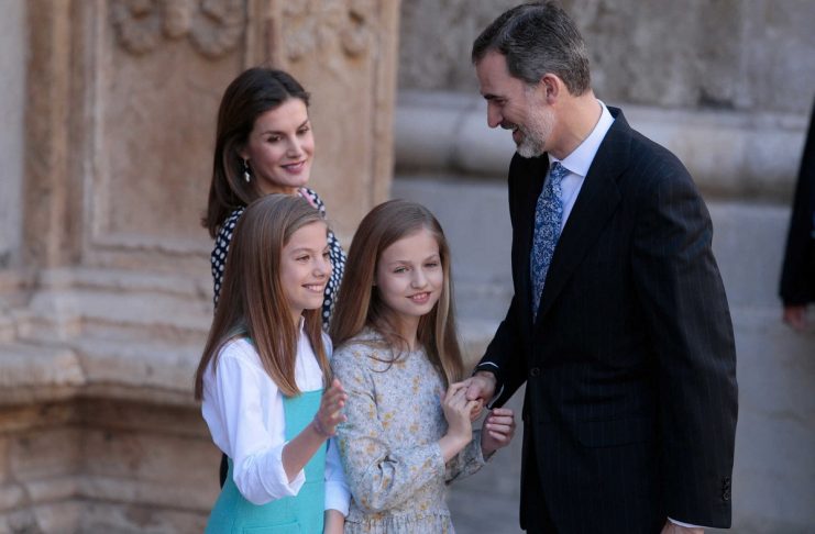 Members of the Spanish Royal Family Queen Letizia,  King Felipe, and Infantas Leonor and Sofia pose for the media after attending an Easter Sunday mass at Palma de Mallorca’s Cathedral on the Spanish island of Mallorca
