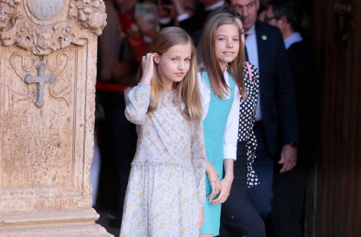 Members of the Spanish Royal Family Infantas Leonor and Sofia pose for the media after attending an Easter Sunday mass at Palma de Mallorca’s Cathedral on the Spanish island of Mallorca