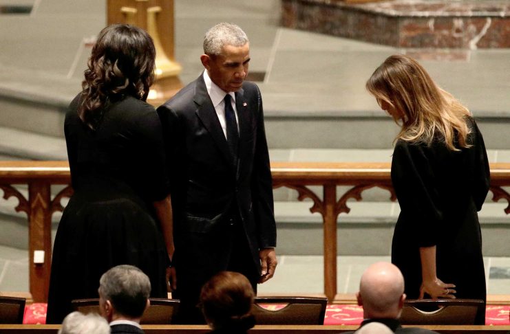 Former President Barack Obama and former first lady Michelle Obama greet first lady Melania Trump at St. Martin’s Episcopal Church for funeral services for former first lady Barbara Bush in Houston