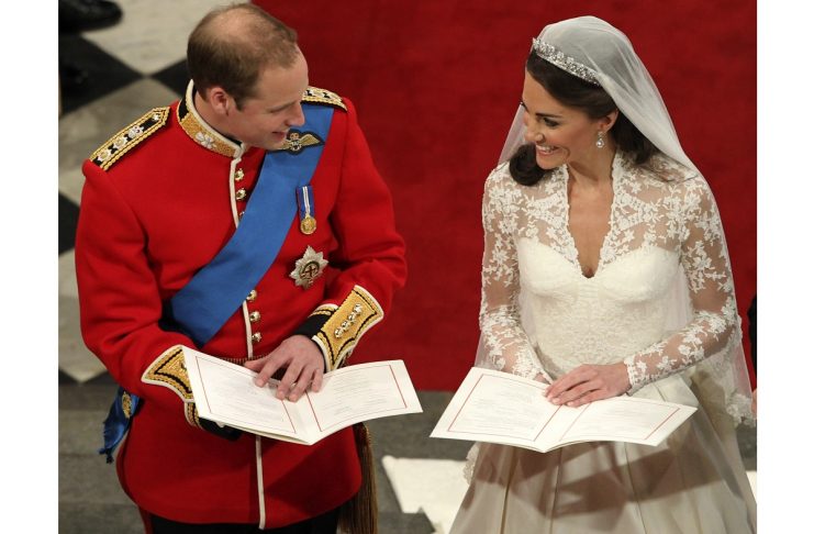 Britain’s Prince William and his bride Kate Middleton smile during their wedding ceremony at Westminster Abbey in London