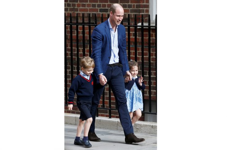 Britain’s Prince William arrives at the Lindo Wing of St Mary’s Hospital with his children Prince George and Princess Charlotte after his wife Catherine, the Duchess of Cambridge, gave birth to a son, in London