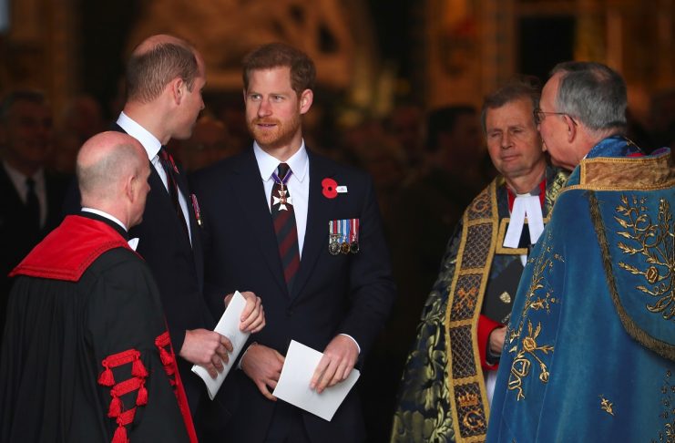 Britain’s Prince William and Prince Harry leave an ANZAC day service at Westminster Abbey in London