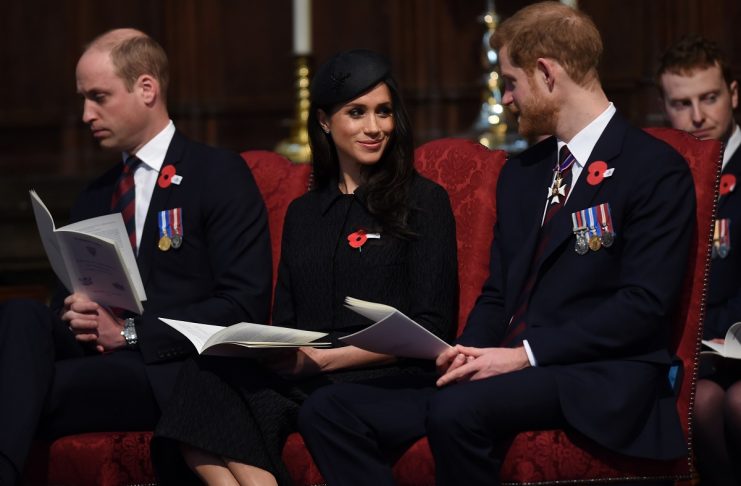 Britain’s Prince William, Prince Harry and his fiancee Meghan Markle attend a Service of Thanksgiving and Commemoration on ANZAC Day at Westminster Abbey in London