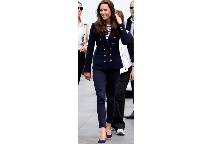 A combination photo of the Duchess of Cambridge wearing sililar outfits on three occasions