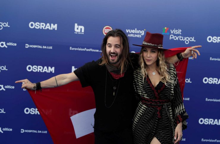 Contestants ZiBBZ of Switzerland pose on the blue carpet during the opening party for Eurovision Song Contest at the Maat museum in Lisbon