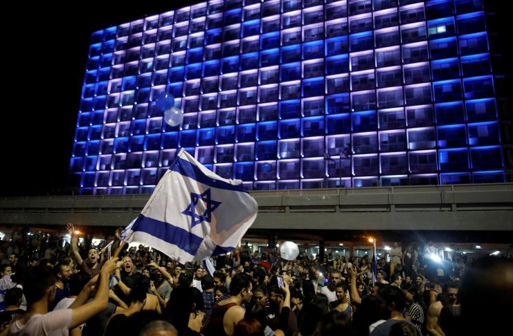 People celebrate the winning of the Eurovision Song Contest 2018 by Israel’s Netta Barzilai with her song “Toy” , Rabin square in Tel Aviv