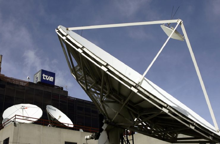 TV dishes are seen outside TVE headquarters in Madrid