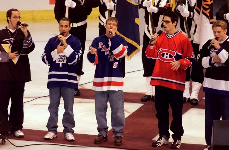 BACKSTREET BOYS SING NATIONAL ANTHEM AT NHL ALL STAR GAME.
