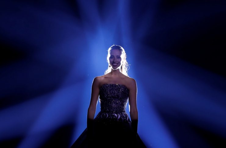 Estonias Elina Nechayeva performs La Forza during the dress rehearsal of Semi-Final 1 for Eurovision Song Contest 2018 at the Altice Arena hall in Lisbon