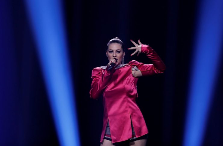 Macedonias Eye Cue performs Lost and Found during the dress rehearsal of Semi-Final 1 for Eurovision Song Contest 2018 at the Altice Arena hall in Lisbon