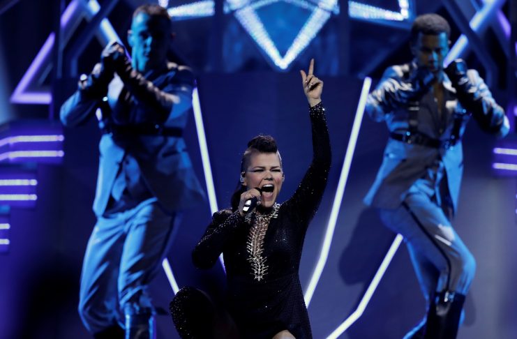 Finlands Saara Aalto performs Monsters during the dress rehearsal of Semi-Final 1 for Eurovision Song Contest 2018 at the Altice Arena hall in Lisbon