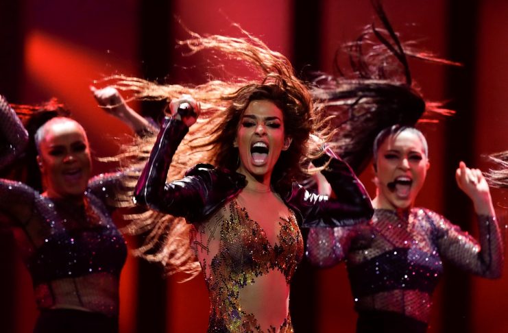 Cypruss Eleni Foureira performs Fuego during the dress rehearsal of Semi-Final 1 for Eurovision Song Contest 2018 at the Altice Arena hall in Lisbon