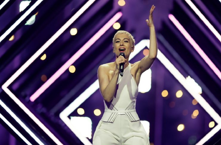 United Kingdoms SuRie performs Storm during a dress for Eurovision Song Contest 2018 at the Altice Arena hall in Lisbon