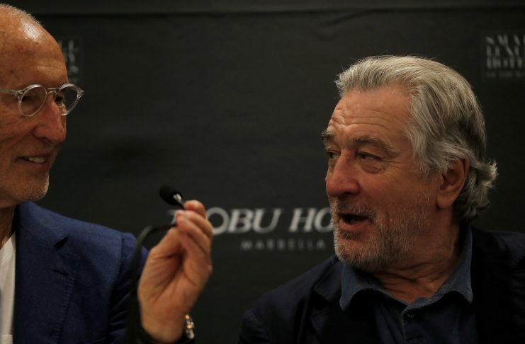 Meir Teper and Robert de Niro talk during a news conference for the inauguration of the new Nobu Hotel in Marbella