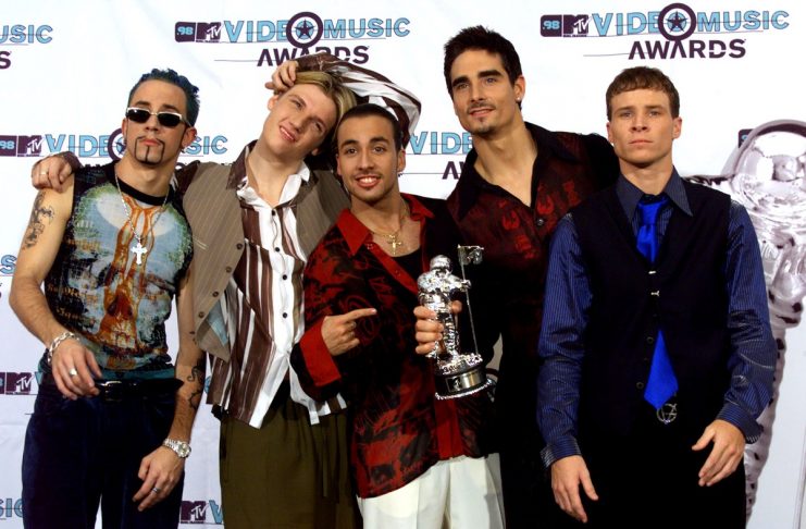 Members of the Backstreet Boys pose with their award after winning Best Group Video at the MTV Video..