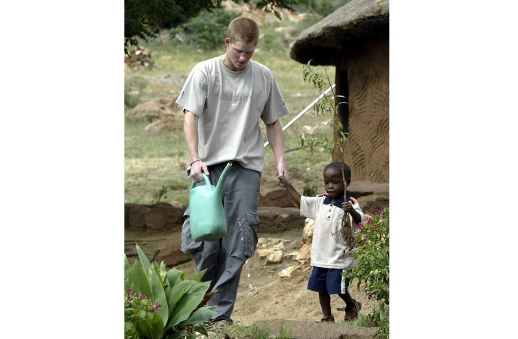 Britain’s Prince Harry prepares to plant a fruit tree with four-year-old Mutsu in the grounds of the..