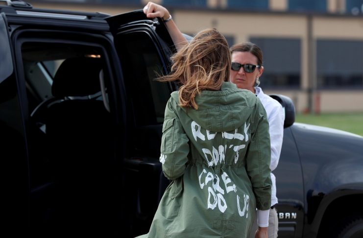 U.S. first lady Melania Trump arrives back in Washington from Texas wearing “I Don’t Care. Do U?” jacket at Joint Base Andrews, Maryland