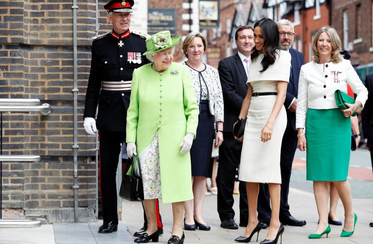 BBritain’s Queen Elizabeth and Meghan, the Duchess of Sussex, arrive at the Storyhouse during their visit to Chester