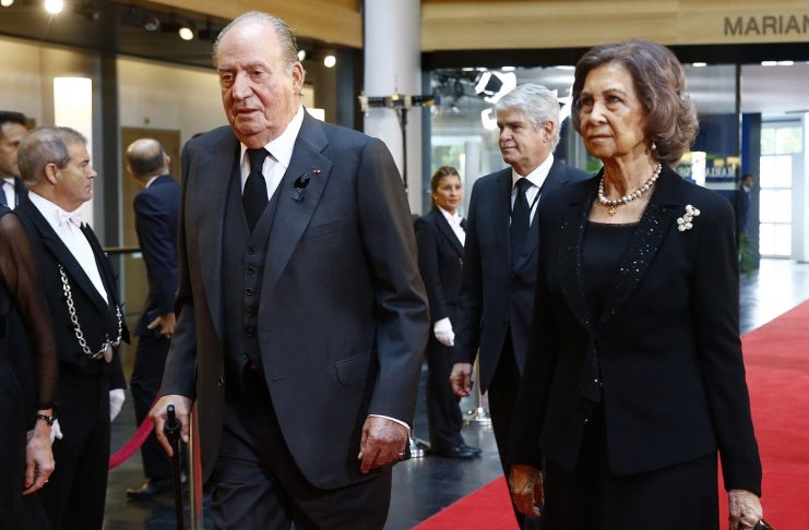 Former King of Spain Juan Carlos and his wife former Queen Sofia arrive ahead of a memorial ceremony in honour of late former German Chancellor Kohl, at the European Parliament in Strasbourg