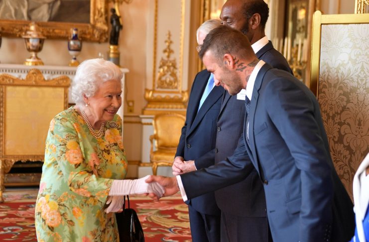 Britain’s Queen Elizabeth meets John Major, Sir Lenny Henry and David Beckham at Buckingham Palace before the final Queen’s Young Leaders Awards Ceremony, in London