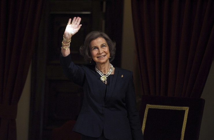 Queen Sofia of Spain, mother of King Felipe of Spain waves during the 2015 Princess of Asturias awards at Campoamor theatre in Oviedo