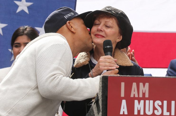 Actor Susan Sarandon and producer Russell Simmons take part in an “I am Muslim Too” rally in Times Square Manhattan, New York
