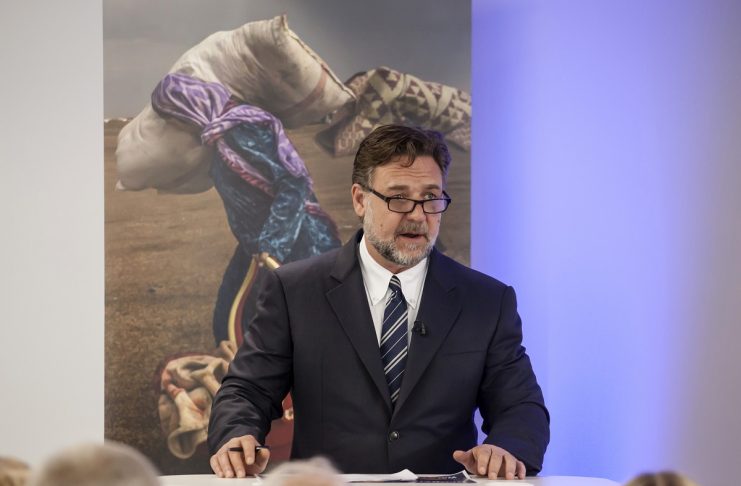 Actor Russell Crowe launches the 2016 Global Slavery Index at the London office of Gallup