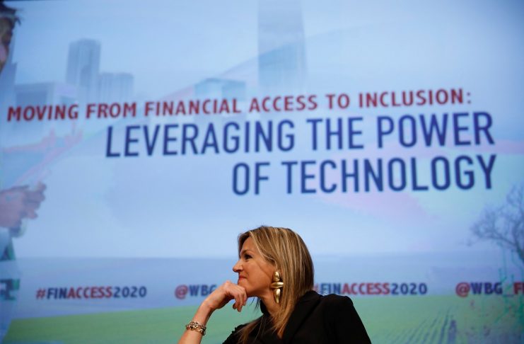 Queen Maxima of the Netherlands looks on during a panel entitled “Moving from Financial Access to Inclusion: Leveraging the Power of Technology” during IMF spring meetings in Washington