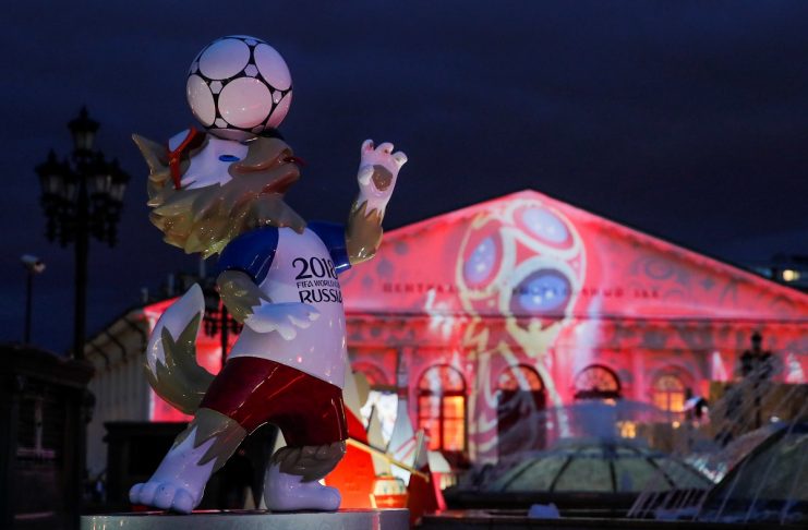 The official mascot for the 2018 FIFA World Cup Russia, Zabivaka, is pictured during a preview of a laser show on a facade of Moscow’s Manezh exhibition hall in Moscow