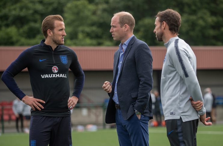 Britain’s Prince William speaks to England soccer manager Gareth Southgate and captain Harry Kane as he visits the team while they prepare for the FIFA 2018 Football World Cup, at the Leeds United training ground, in Leeds